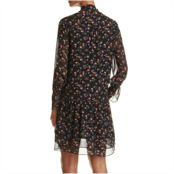 Joie Jamira Black 100% Silk Floral Tie Neck Lined Tiered Ruffle Mini Swing Dress - Picture 2 of 15